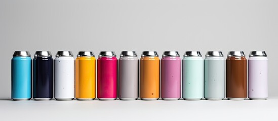 Poster - A collection of aerosol paint cans with a used appearance in front of a blank background suitable for adding text or images. with copy space image. Place for adding text or design