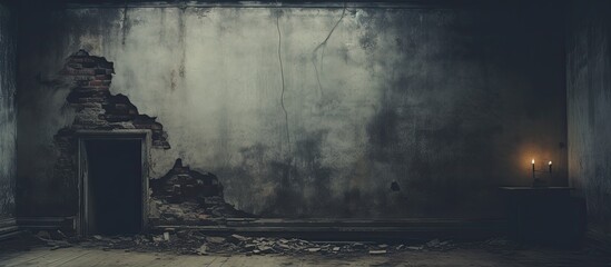 Poster - Interior of abandoned house featuring a grimy room with decaying walls, providing a gloomy setting for a copy space image.