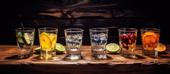Poster - Cold vodka shots and snacks displayed on a wooden background with ample copy space image.
