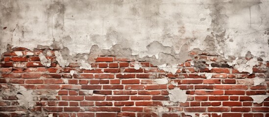 Poster - Old and grungy red and white brick wall background with a horizontal texture and broken stucco and plaster, perfect as a backdrop with copy space image.
