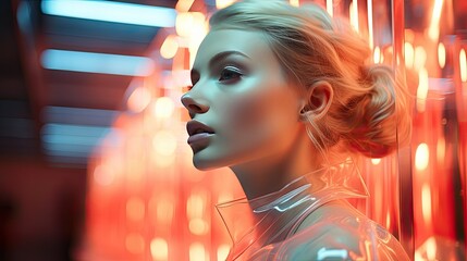 Wall Mural - Romantic portrait of a gentle young woman, colors change with viewing or illumination geometry, futuristic cyberpunk concept