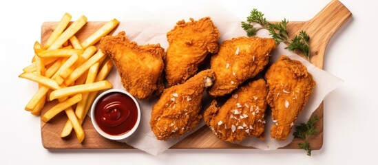 Poster - Top view of fried chicken and French fries on a white background with space for adding images. with copy space image. Place for adding text or design