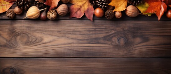 Aufkleber - Autumn-themed greeting card displayed on a wooden board with fallen leaves, acorns, and cones, creating a natural background, symbolizing the fall season in a flat lay copy space image.