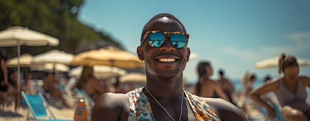 Wall Mural - Portrait of sunbathing happy african american man on the beach on a sunny summer day