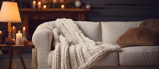Poster - Comfortable sofa in a cozy living room featuring a knitted blanket, providing a warm and inviting ambiance for relaxation; copy space image.