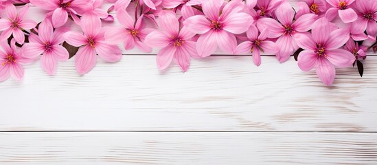 Poster - Pink flowers on a white wooden background in a top view flat lay with copy space image.