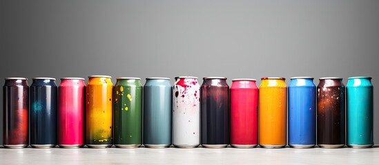 Poster - A collection of aerosol paint cans with a used appearance in front of a blank background suitable for adding text or images. with copy space image. Place for adding text or design