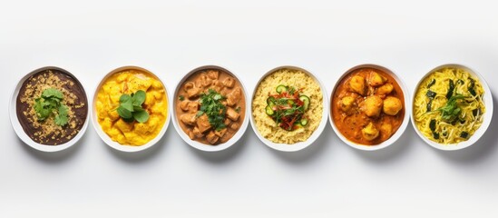 Wall Mural - Delicious curry dishes arranged on a white backdrop with a copy space image available.