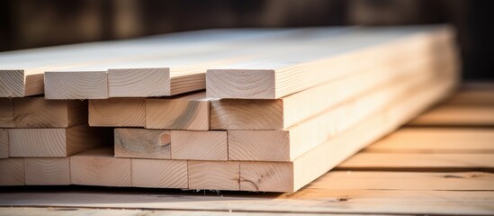 Aufkleber - Close-up view of stacked light natural wood joiner's boards in a lumber bar, suitable for needlework and woodworking hobbies, with copy space image.