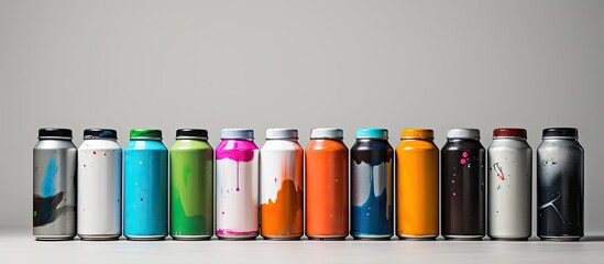 Poster - A collection of aerosol paint cans with a used appearance in front of a blank background suitable for adding text or images. with copy space image. Place for adding text or design