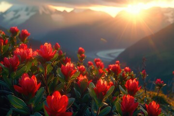 Wall Mural - High Mountain Sunrise Red Flower