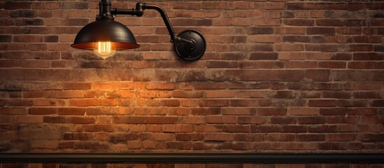 Poster - Interior design with a vintage wall lamp mounted on a rustic brick wall, creating a retro ambiance with a stylish layout, perfect for displaying a copy space image.