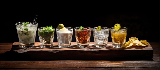 Poster - Cold vodka shots and snacks displayed on a wooden background with ample copy space image.