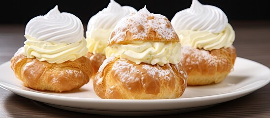 Fototapete - Vanilla and whipped cream-filled cream puffs on a white plate, with copy space image available.