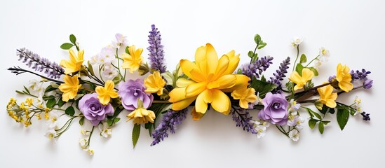 Aufkleber - A floral arrangement featuring yellow and purple flowers against a white backdrop, symbolizing spring and Easter, with a flat lay presentation from above, providing ample copy space image.