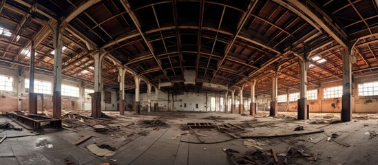 Poster - 360-degree panorama of an abandoned factory hall with ample copy space image.