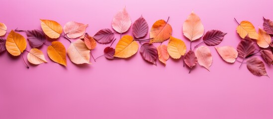 Aufkleber - An array of colorful fall foliage against a pink backdrop with available copy space image.