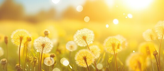 Poster - Dreamy macro shot of yellow dandelions in a sunlit meadow in summer or spring, creating a beautiful copy space image with a soft focus to enhance the beauty of nature.