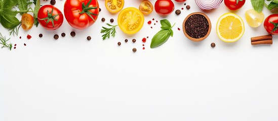 Poster - Top view of fresh tomato, herbs, and spices arranged on a white background with copy space image.