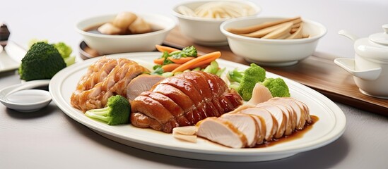 Poster - A traditional Cantonese yum-cha meal displayed on a white serving plate with a variety of dishes like duck, pork, fish, chicken, and vegetables, with copy space image.