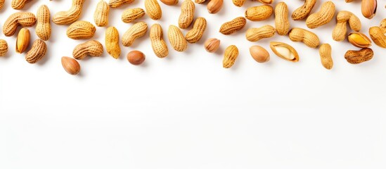 Poster - Top view of various peanut forms on a white backdrop with plenty of copy space image.