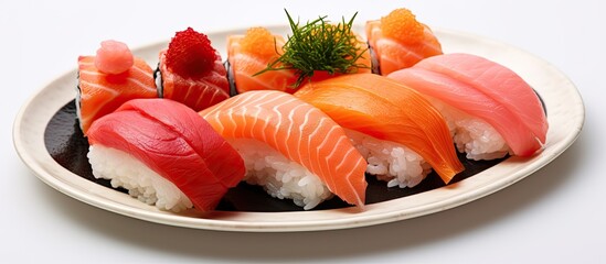 Aufkleber - Isolated on a white background, a plate with mouthwatering nigiri sushi offers copy space image.