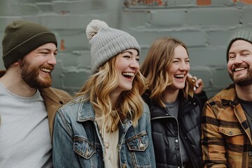 Wall Mural - Group of young friends having fun in the city, laughing and talking