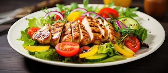 Fototapete - Healthy lunch menu featuring a grilled chicken breast, fillet, and fresh vegetable salad, with copy space image.