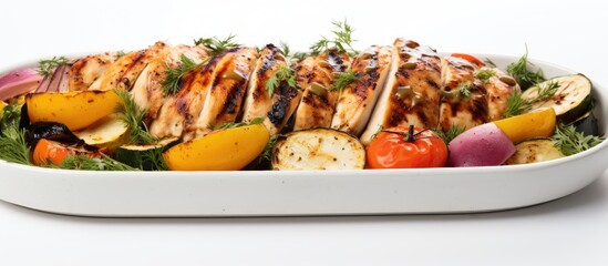 Poster - Grilled chicken with veggies on white background with copy space image.