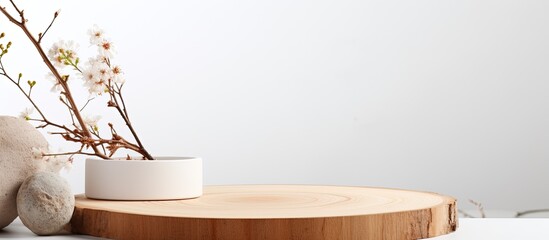 Poster - Minimal modern product display on white background featuring a wood slice podium and spring branches, creating a scene for showcasing new products with copy space image.