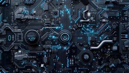 Poster - High-tech circuit board with black and blue tones, showcasing advanced microchips and circuits on the surface of an intricate electronic design
