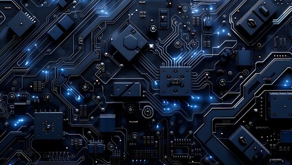 Poster - High-tech circuit board with black and blue tones, showcasing advanced microchips and circuits on the surface of an intricate electronic design
