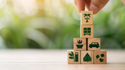 Hand setting wooden blocks with ecofriendly symbols such as an electric car, green leaves and other environmental icons on each block. The focus is on the hand holding one of these cubes above three