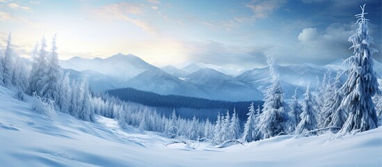 Wall Mural - Winter mountain valley scene featuring snow-covered pines captured in soft light creates an amazing natural background with copy space image.