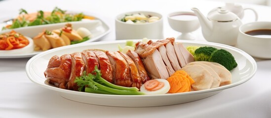 Poster - A traditional Cantonese yum-cha meal displayed on a white serving plate with a variety of dishes like duck, pork, fish, chicken, and vegetables, with copy space image.