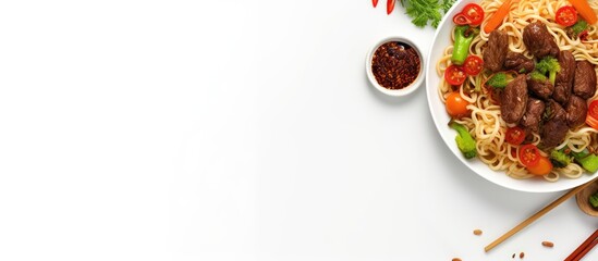Leinwandbilder - Top view of noodles with meat and vegetables on a white backdrop with copy space image.