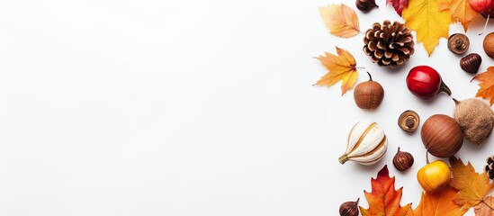 Fototapete - Autumn-themed flat lay arrangement featuring pumpkins, walnuts, chestnuts, acorns, cones, rosehips on a cozy white winter blanket, with available copy space image.