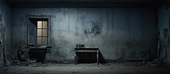 Poster - Interior of abandoned house featuring a grimy room with decaying walls, providing a gloomy setting for a copy space image.