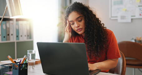 Aufkleber - Headache, laptop and problem solving with designer woman in creative workplace for project management. Burnout. computer and stress with unhappy employee at desk in office for online administration