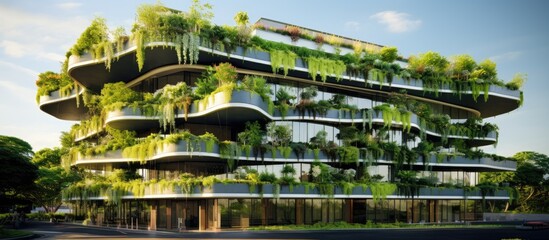 Poster - Green architecture features an ecological building with a vertical garden creating a green facade, providing a refreshing and sustainable copy space image.