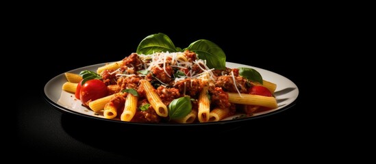 Poster - Sausage penne pasta topped with tomato sauce, parmesan cheese, and basil displayed on a black plate, with a blank area for additional imagery.