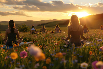 Wall Mural - A detailed image of a group of women practicing breathing exercises on yoga mats in a field of wildflowers, with the sun setting in the background 