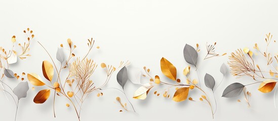 Poster - Minimal floral design with golden flying autumn leaves of various shapes on a light gray background, creating an autumn-themed copy space image.