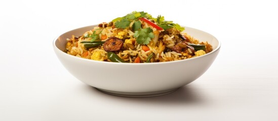 Poster - Veg biryani served in a white bowl, with a white background for a copy space image.