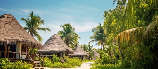 Aufkleber - Tropical village bungalow houses with bamboo straws and sticks roofing under palm trees on a sunny day make for an ecotourism postcard-worthy copy space image.