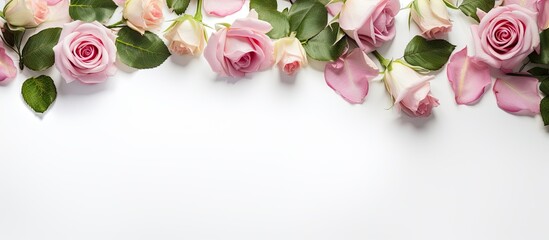 Poster - Floral pattern with pink and beige roses, green leaves, and branches on a white background for Valentine's Day, shown in a flat lay top view with copy space image.