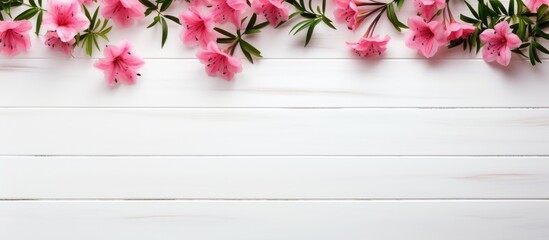 Poster - Pink flowers on a white wooden background in a top view flat lay with copy space image.