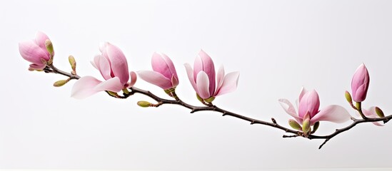 Aufkleber - Singular pink magnolia bloom on a spring branch, depicted against a white backdrop with an empty space for additional content.