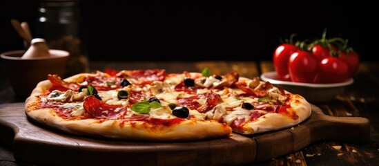 Poster - Delicious slice of hot pizza with a variety of toppings on a wooden board with a classic Italian look, ideal for a meal in a side view with copy space image.