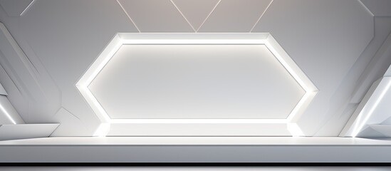 Poster - Abstract futuristic stage with elegant geometric design, featuring simple lines and polygons as a background, including a white wood shelf for product display, with copy space image.